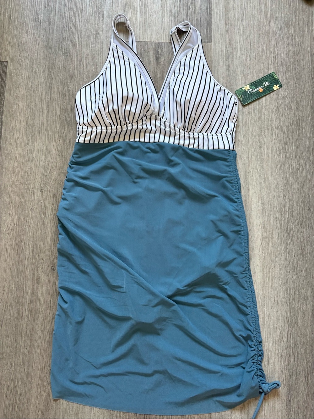 Striped Bust Teal One-Piece Swimdress by Unbranded